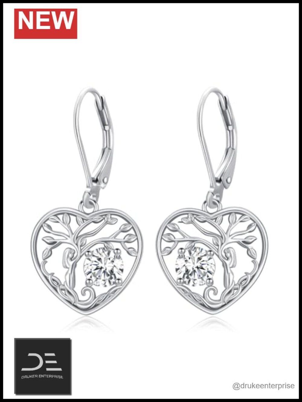 925 Sterling Silver Tree of Life Heart Leverback Drop Earrings April Birthstone